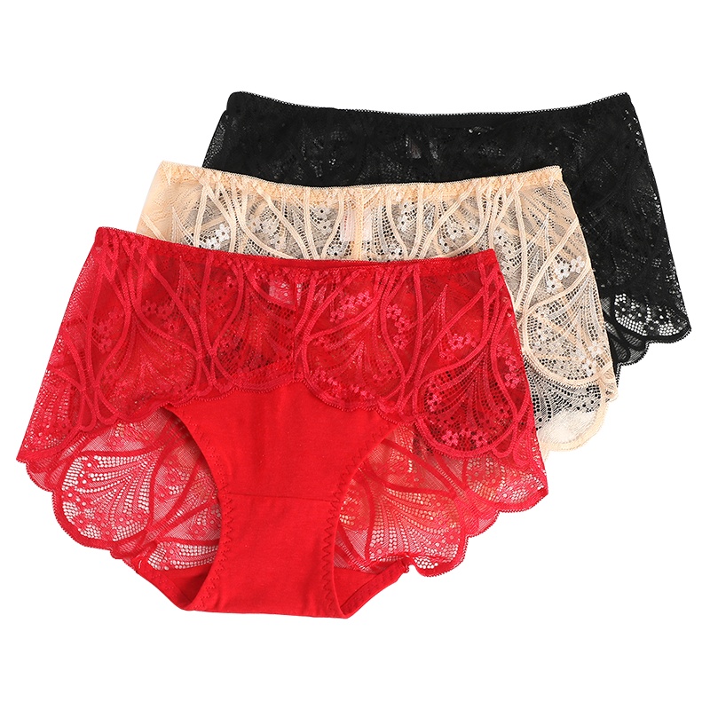 红豆居家(Hodohome)20年新款女式蕾丝网纱花朵镂空内裤女士性感中腰三角内裤三条组合装