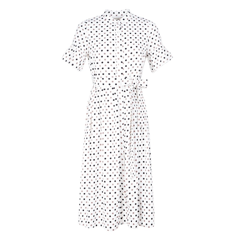 晚白2020年夏款波点立领喇叭袖收腰中长款A字文艺衬衫连衣裙女