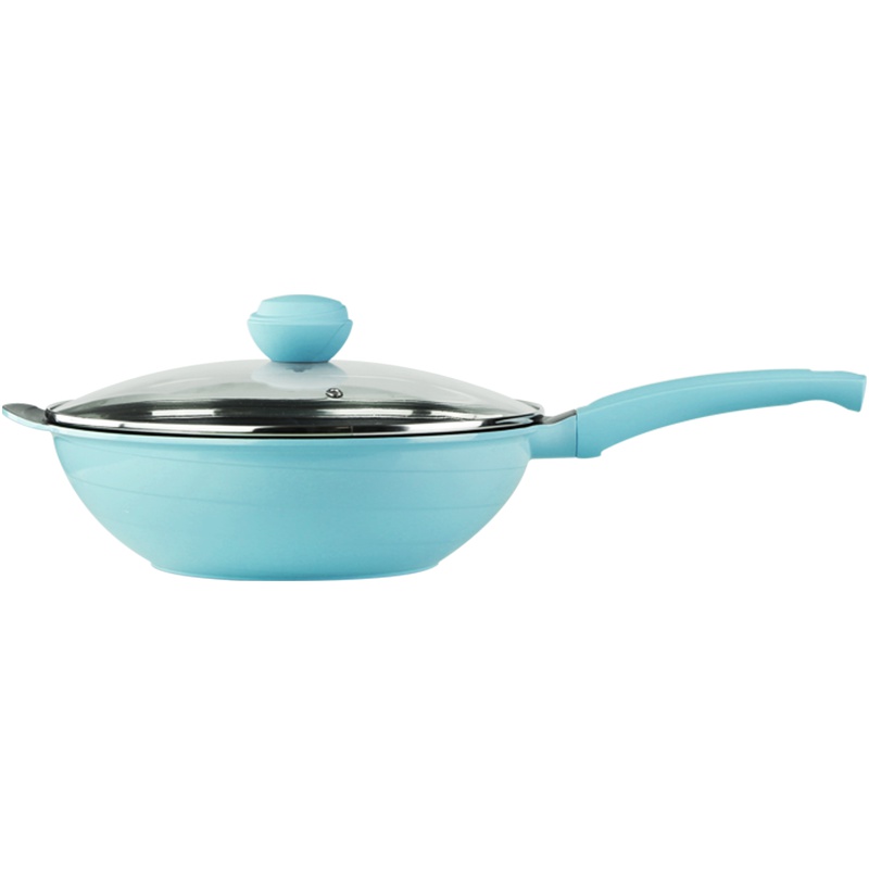 德国乐卡斯特 少油烟旋风炒锅 铝锅电磁炉燃气灶通用不粘锅 28cm旋风有耳磁火炒锅蓝色