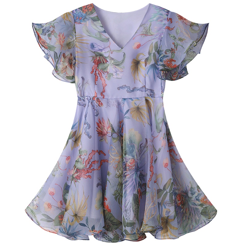 马克华菲女装 2019夏装圆领高腰纱荷叶边连衣裙夏季中款A字裙夏