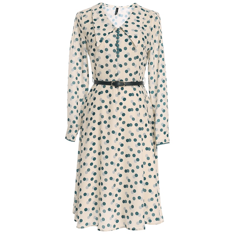 欧昵雪法式优雅赫本风气质高腰显瘦波点连衣裙女长袖