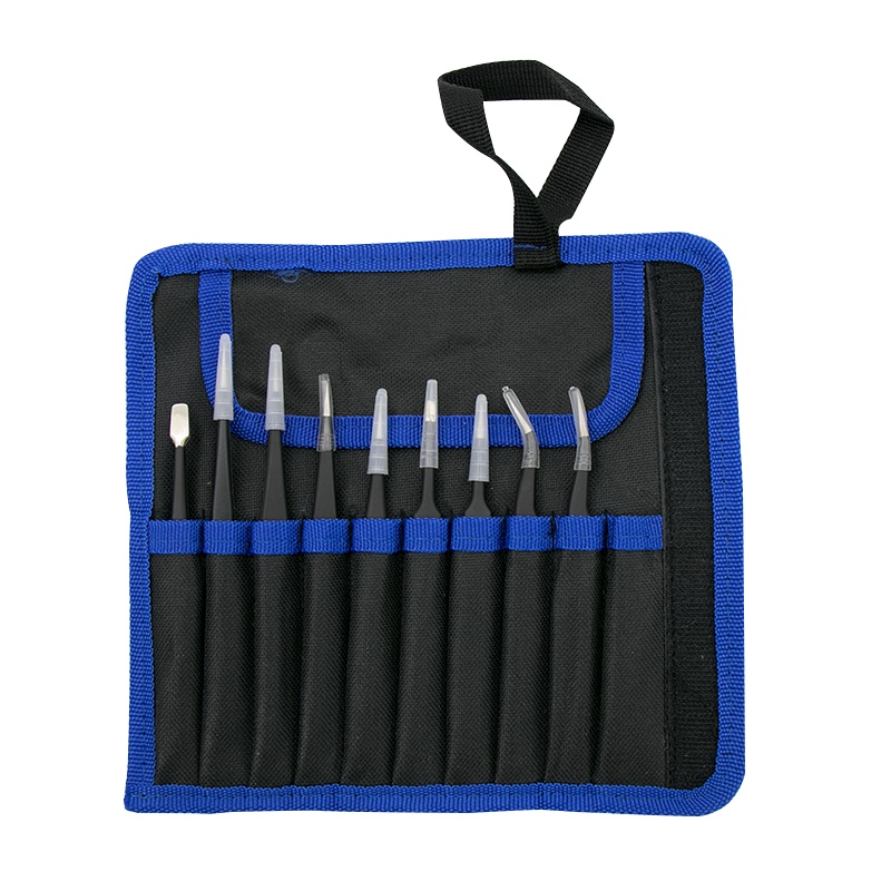 海斯迪克 gnjz-299 不锈钢修边镊子 黑色直头弯头ESD电子镊子 ESD压边镊子帆布袋套装 帆布ESD修边9件套