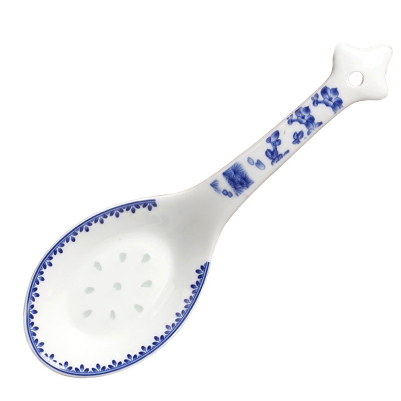 LICHEN 景德镇陶瓷青花玲珑大汤勺 古典青花釉中彩金玉满堂大勺子平底勺优品