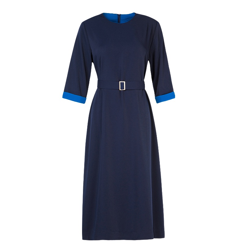 晚白2021春夏新品时尚通勤简约纯色圆领高腰优雅A字百搭连衣裙女