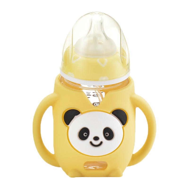 盟宝玻璃奶瓶 宽口径玻璃奶瓶带手柄硅胶套新生儿卡通奶瓶240ml黄色