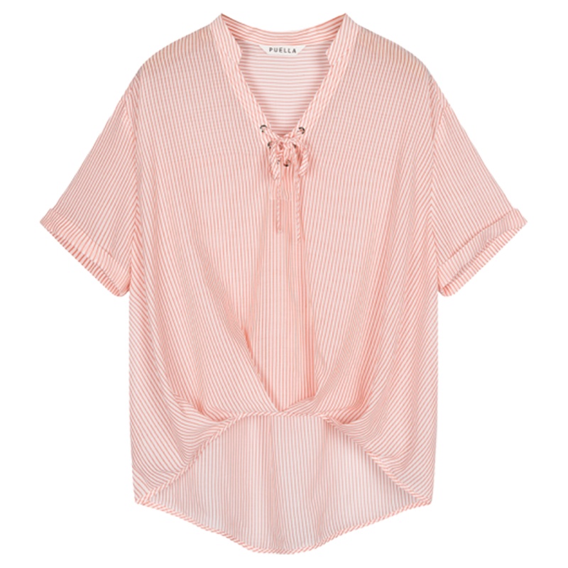 【专柜同款】Puella条纹雪纺衬衣女短袖V领宽松显瘦上衣百搭防晒衬衫女20012465