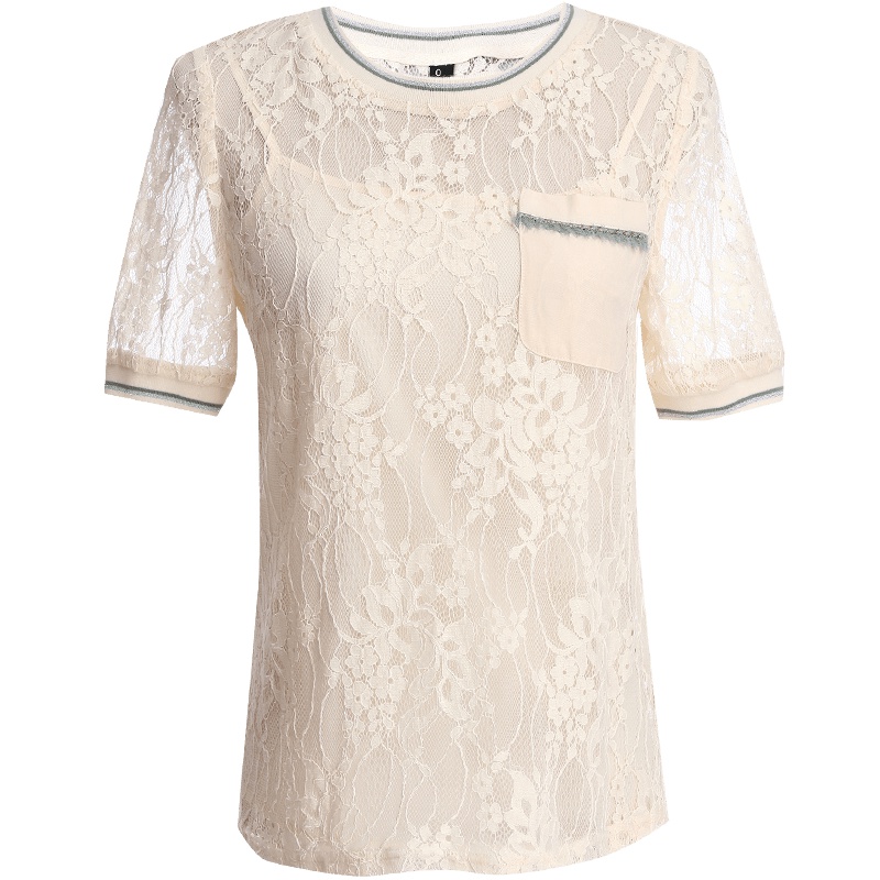 欧昵雪夏季撞色圆领修身镂空勾花蕾丝衫女显瘦短袖上衣