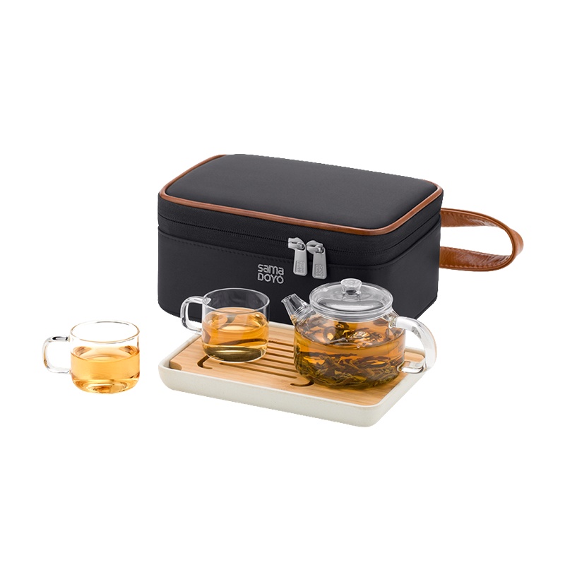 尚明耐热玻璃过滤泡茶壶茶杯套装 整套茶具一壶三杯带茶盘旅行茶具户外泡茶器带蓄水盘精美包装