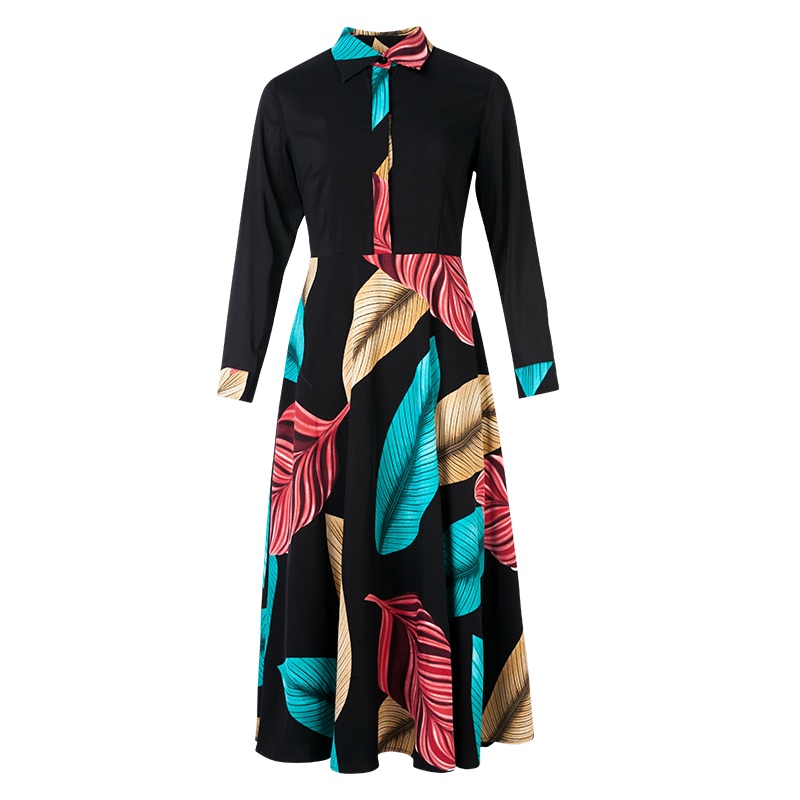 晚白2021春季新品时尚浪漫风情印花娃娃领修身高腰A字衬衫连衣裙女