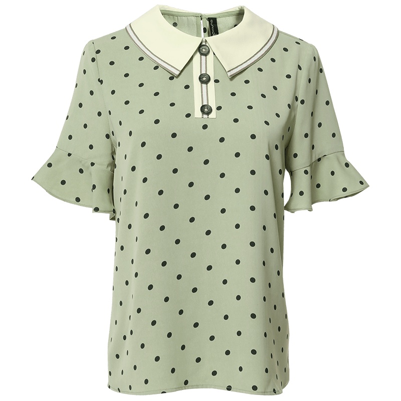 欧昵雪夏季撞色Polo领喇叭袖波点雪纺衫女宽松显瘦上衣