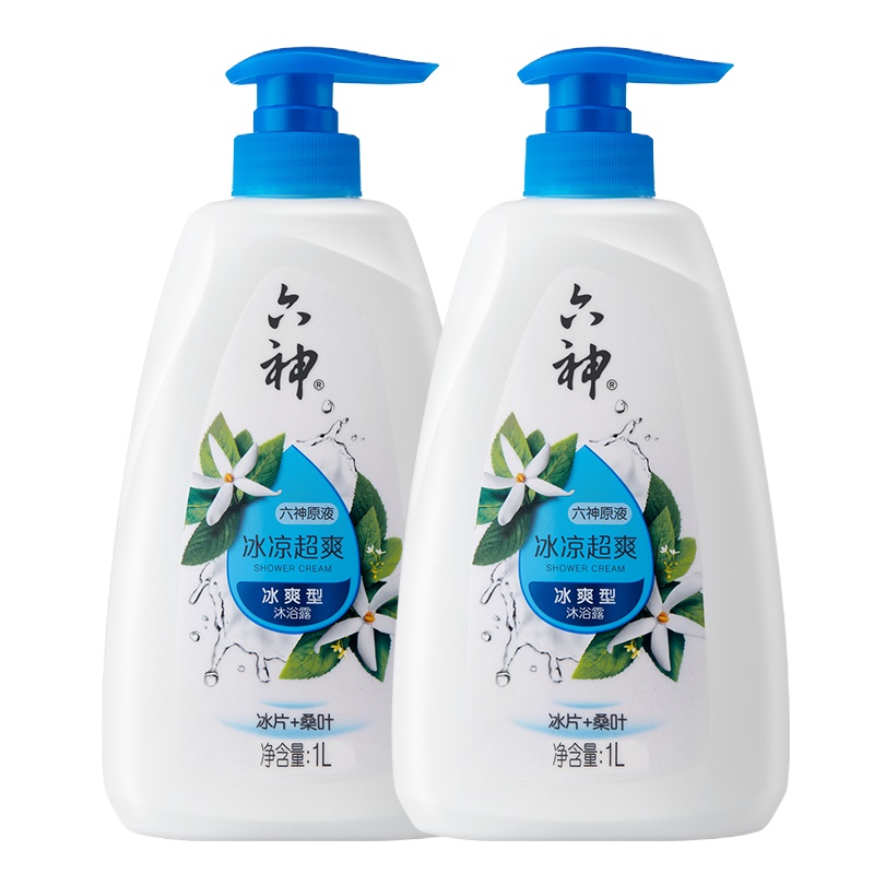 六神 冰凉超爽沐浴露1L两瓶装(男士女士沐浴乳液 薄荷香气 保湿滋润 劲凉提神 冰片桑叶双重植萃 消暑控油)