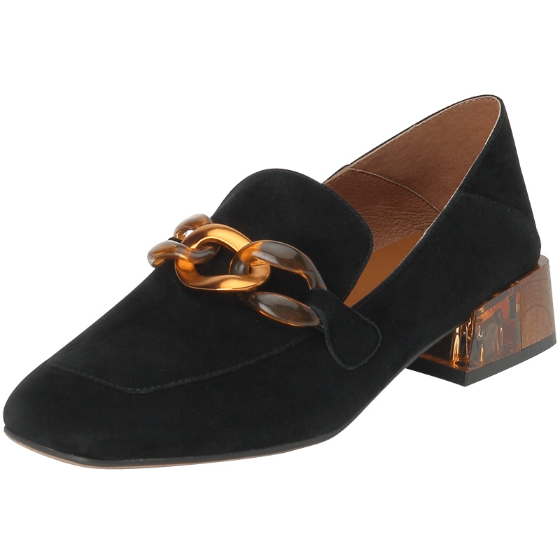 思加图2019秋季新款方头粗跟时尚乐福鞋羊皮女单鞋Q7082CM9