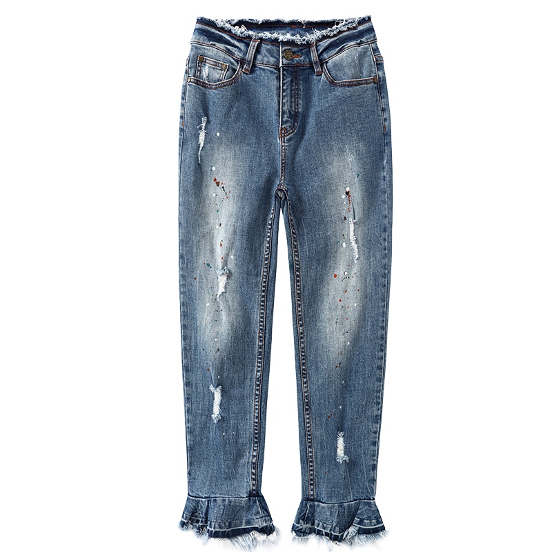 马克华菲女装2020年夏季新款潮少女紧身牛仔裤女九分微喇破洞裤子