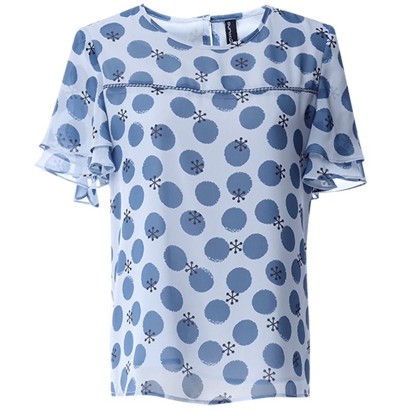 欧昵雪夏季圆领拼接镂空花边荷叶边短袖雪纺衫女上衣