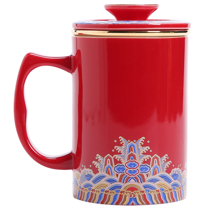苏氏陶瓷泡茶杯办公杯水杯旭日东升带内胆茶隔杯茶水分离泡茶杯子(红)