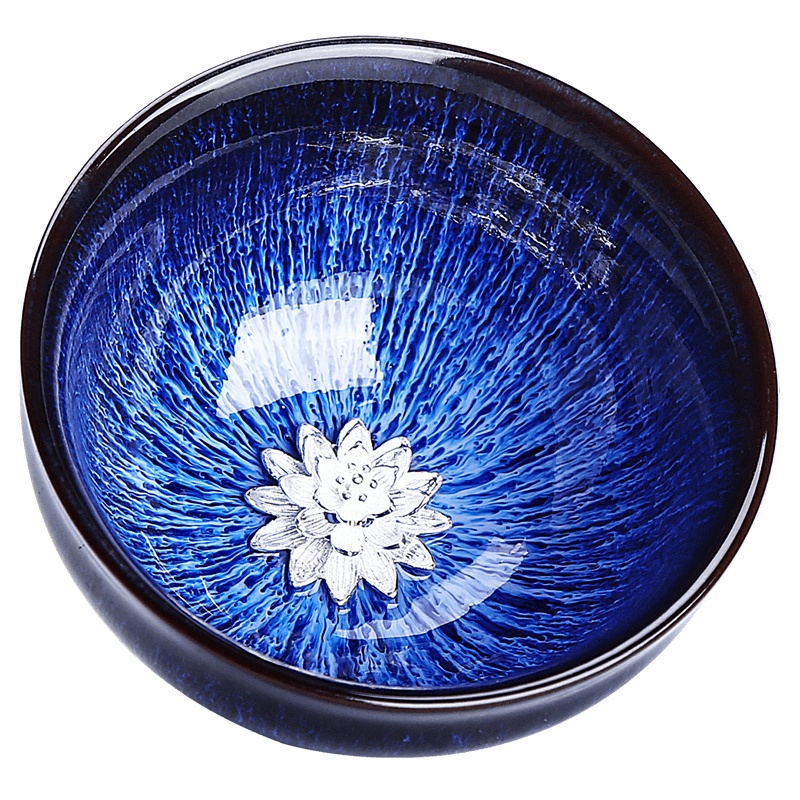 領藝 建盏天目拉丝窑变纯银杯主人杯功夫茶具品茗杯主人茶碗茶盏单杯个人杯 海之蓝纯银茶杯(莲花)