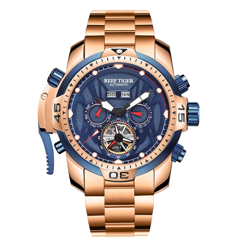 瑞夫泰格(reef tiger)正品多功能全自动机械表男士防水大表盘夜光精钢镂空手表大气男表 RGA3532