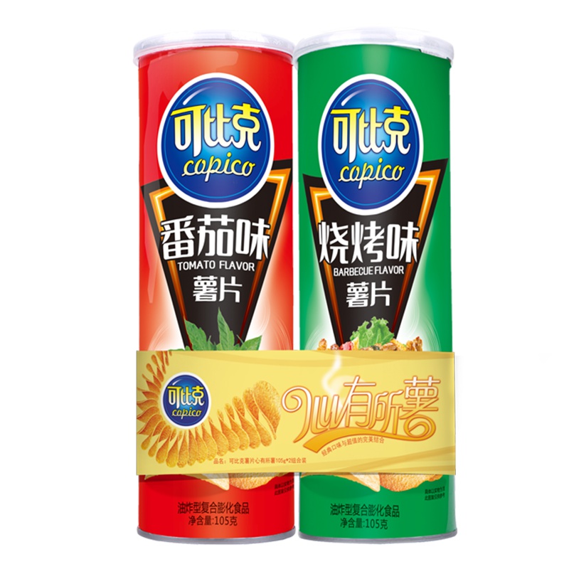 可比克 膨化食品 两连罐薯片105g(烧烤+番茄味)