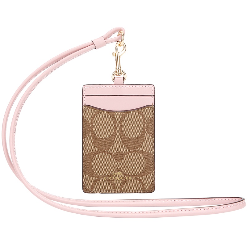 COACH 蔻驰 奢侈品 女士卡其拼浅粉人造革挂脖卡包卡套证夹礼物送女友 63274 IMPWD