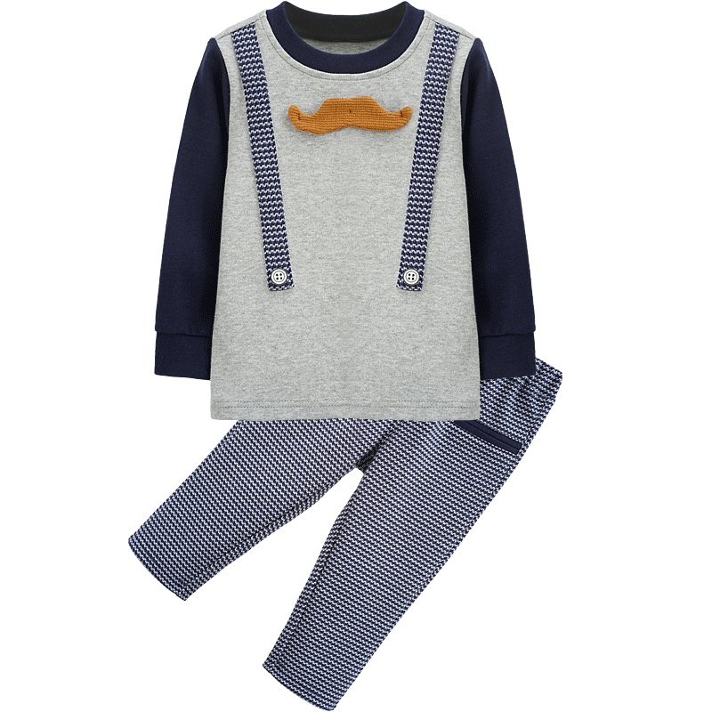 苏宁自营 婴姿坊男童英伦风时尚拼色圆领休闲T恤套装背带裤装饰两件套 灰色 80-120cm