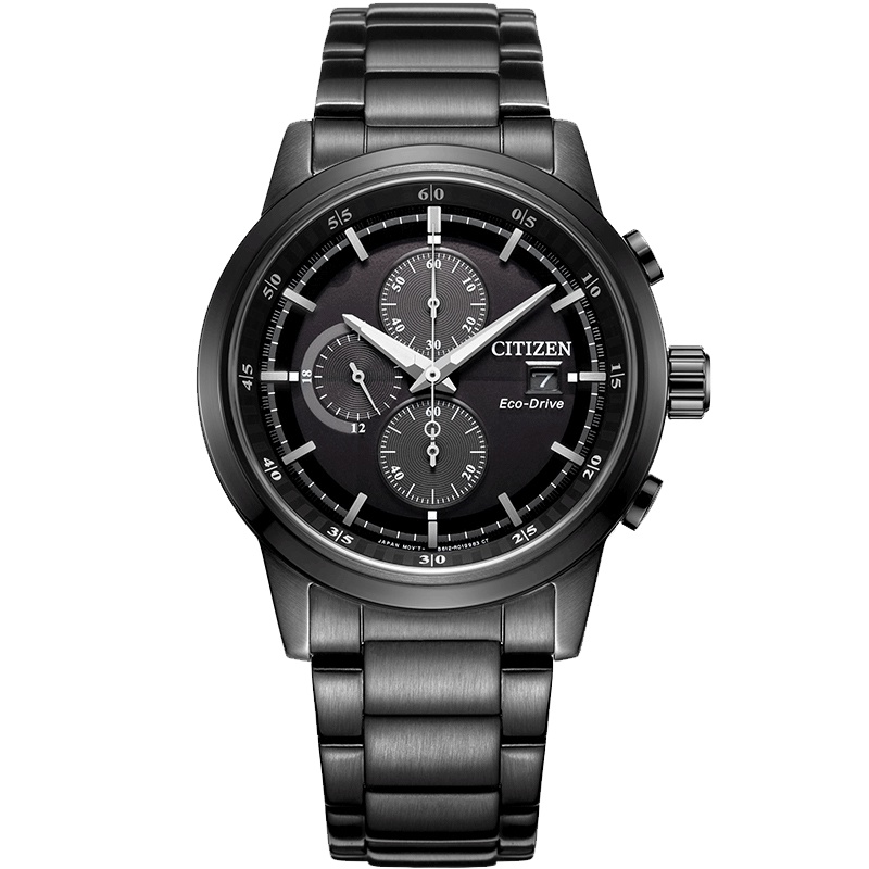 西铁城(CITIZEN)手表男 日本光动能不锈钢表带防水时尚运动炫黑三眼计时多功能男表 CA0615-59E