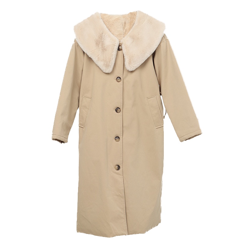 ENJOY'ME女装2019冬季新品毛绒娃娃领一排扣系腰带厚外套