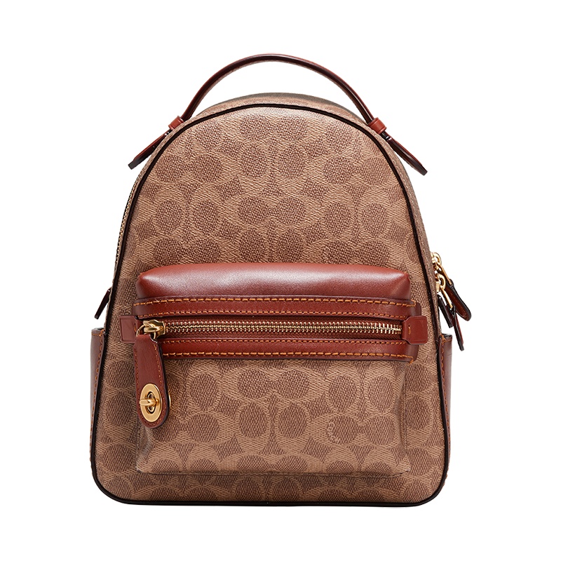 [20春夏新款]COACH/蔻驰 女士CAMPUS23系列棕黄色锈色涂层帆布牛皮拼接双肩包32715