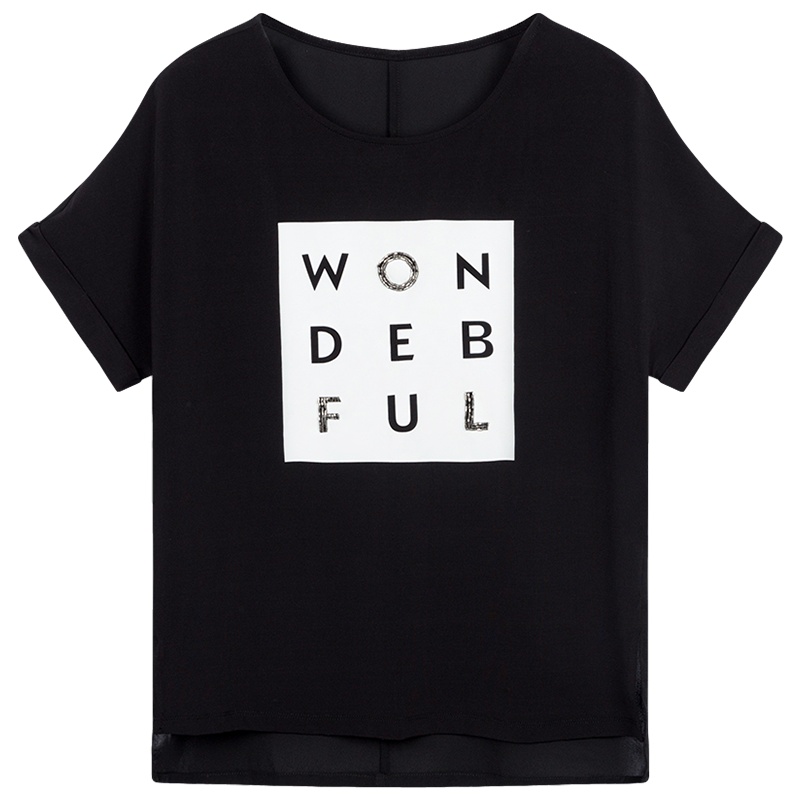 拉夏贝尔黑色短袖T恤女夏季新款下摆开叉宽松半袖上衣打底衫ins潮