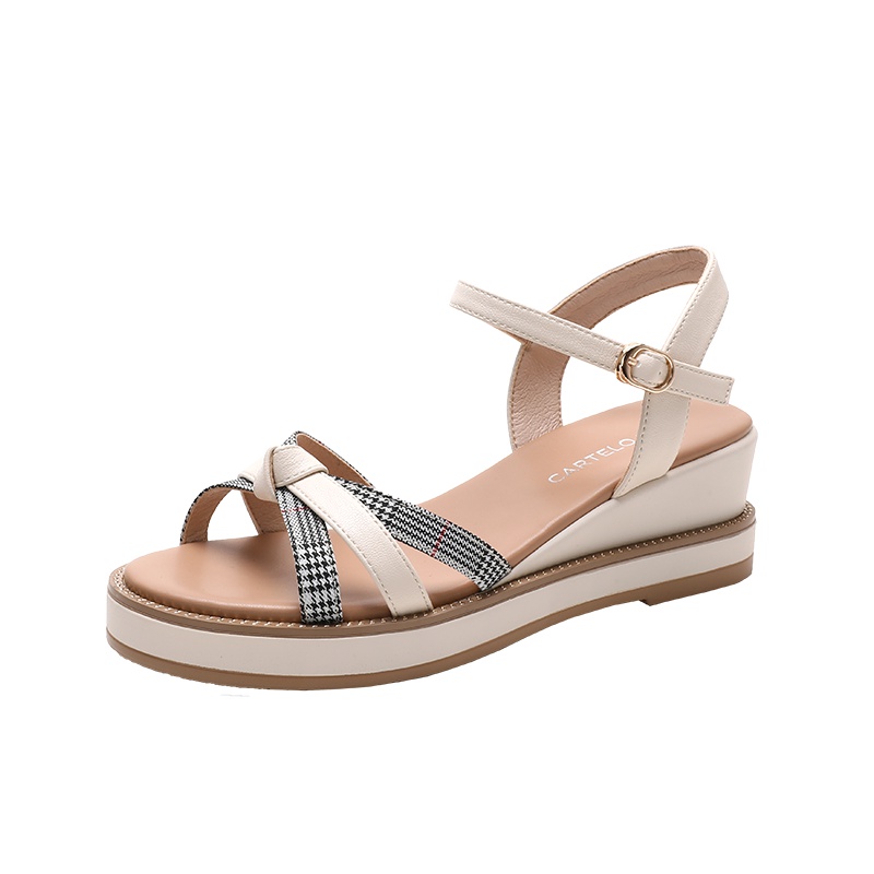 卡帝乐鳄鱼CARTELO夏季款女鞋厚底休闲交叉绑带单鞋坡跟百搭女士凉鞋