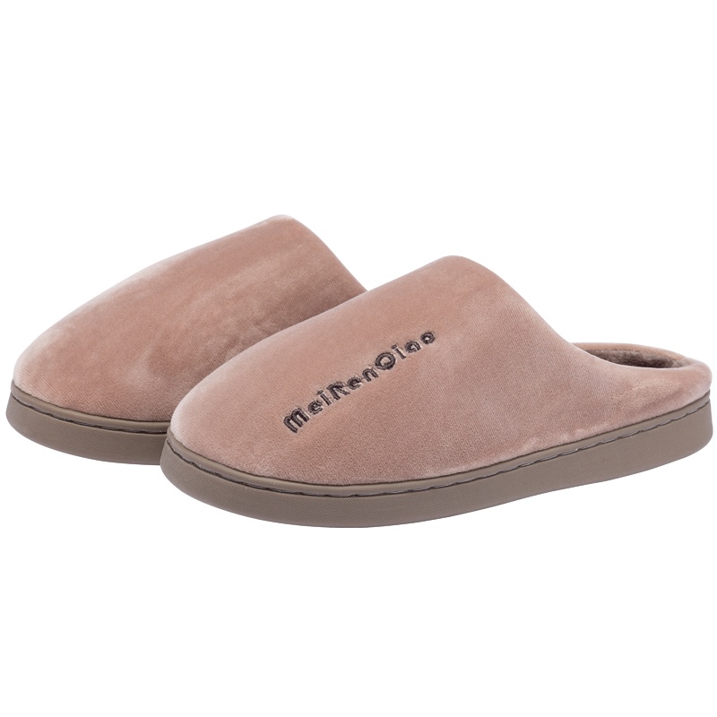 买1送1美人桥拖鞋女简约字母绣花加绒保暖舒适柔软室内居家情侣棉拖鞋男