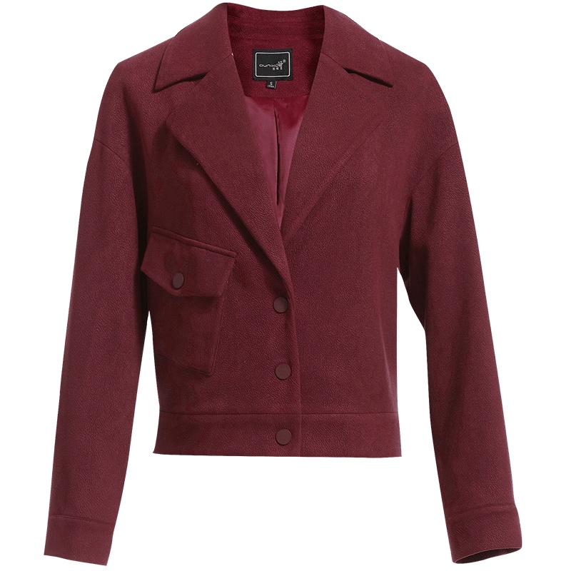 欧昵雪秋冬后背字母绣花三粒扣西装领短款外套女长袖西服