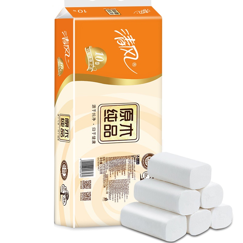 清风卷纸卫生纸750g公用家用家庭装无香厕所无芯纸巾卷筒纸6提60卷