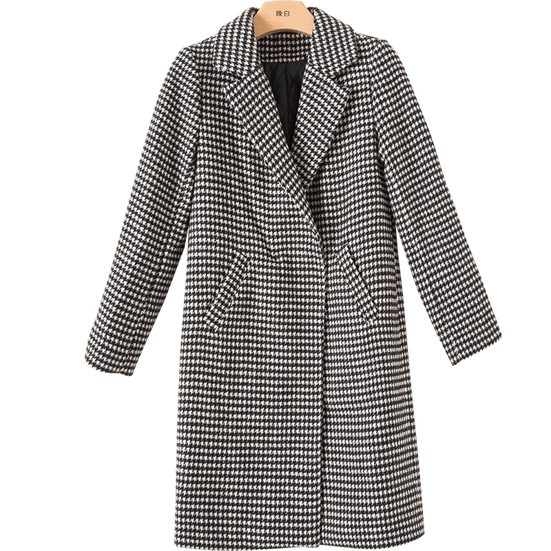 晚白2020冬季新品时尚千鸟格加棉常规款西装中长款毛呢大衣外套女