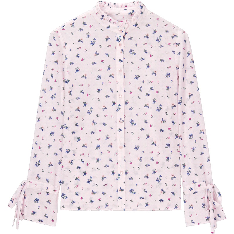 爱居兔春装2019女装时尚粉色花纹长袖休闲衬衫