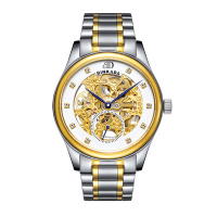 正品宾卡达BINKADA男士手表精钢带自动机械表 男双面镂空防水休闲商务腕表男表7001A间金