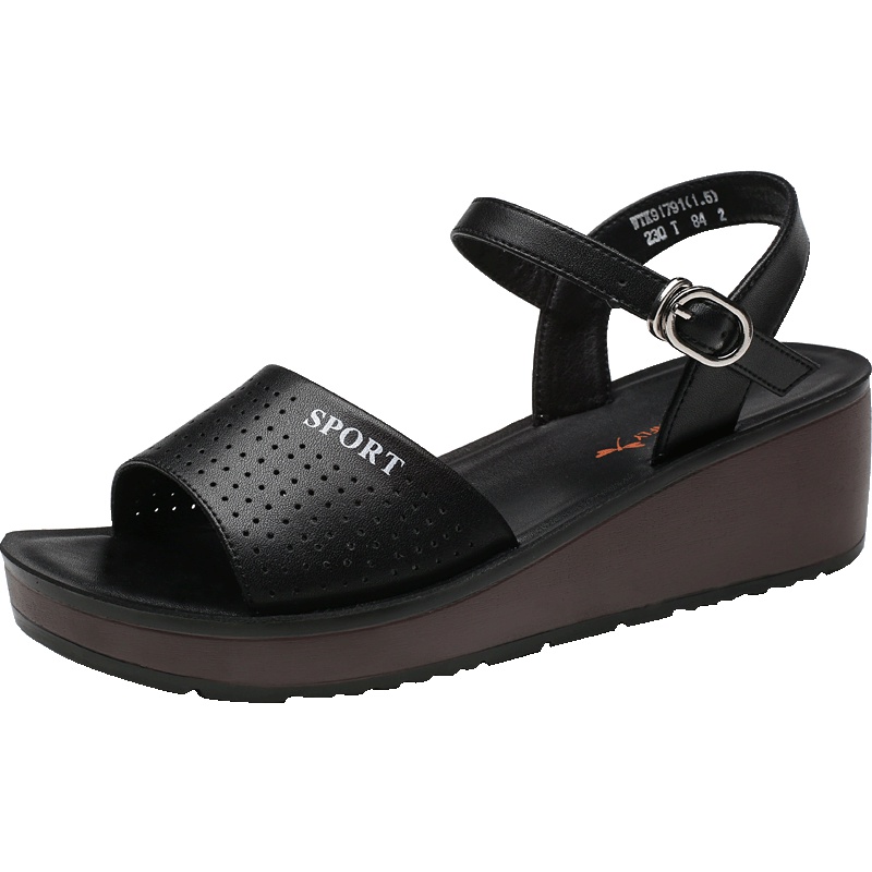 红蜻蜓女凉鞋夏季新款简约镂空坡跟凉鞋舒适厚底防滑妈妈鞋子