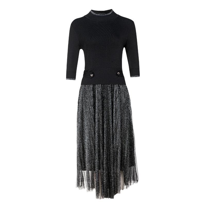 晩白 新品名媛拼接立领中袖收腰假两件过膝百褶连衣裙