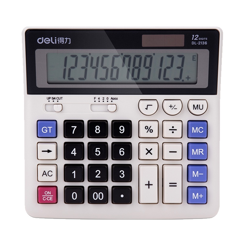 得力(deli)2136双电源电脑按键财务计算器 12位大屏横式桌面计算机 白色