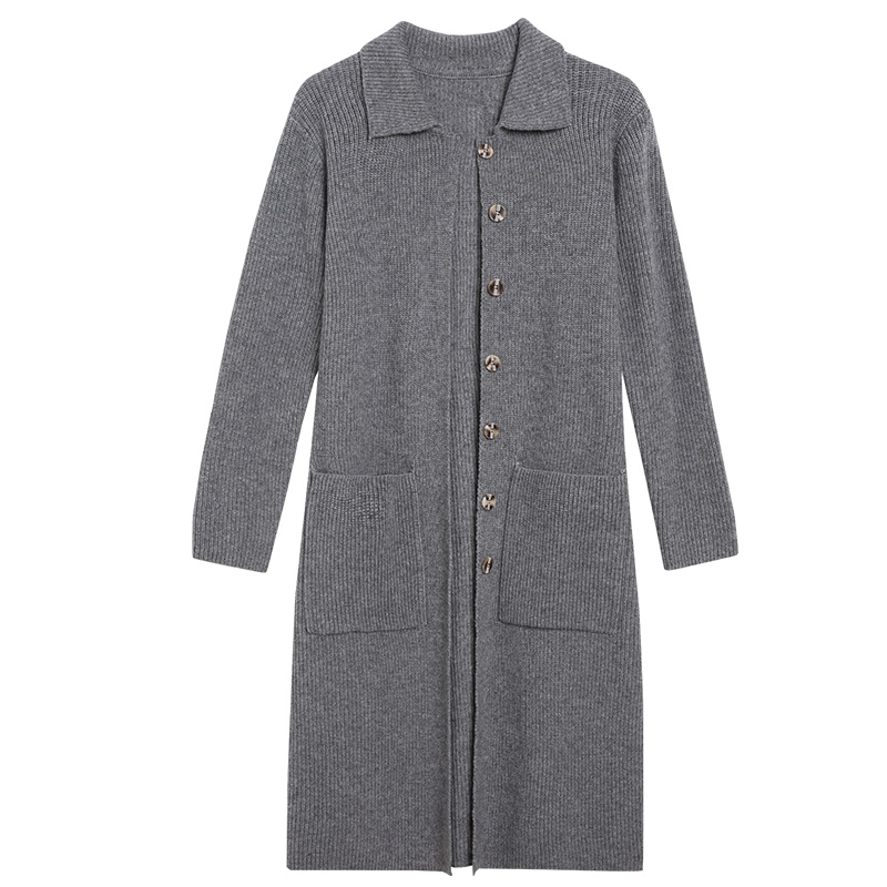 金菊秋冬新款毛衣翻领纯色口袋羊毛女开衫