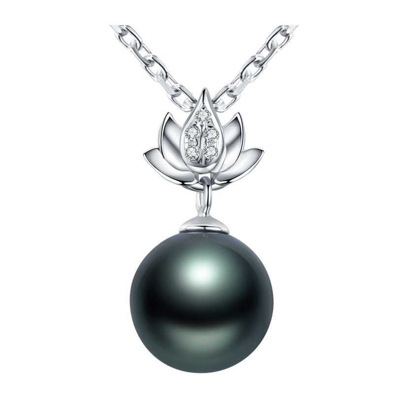 brir佰色传情正圆8-9mm大溪地黑海水珍珠吊坠正品女18k金钻石