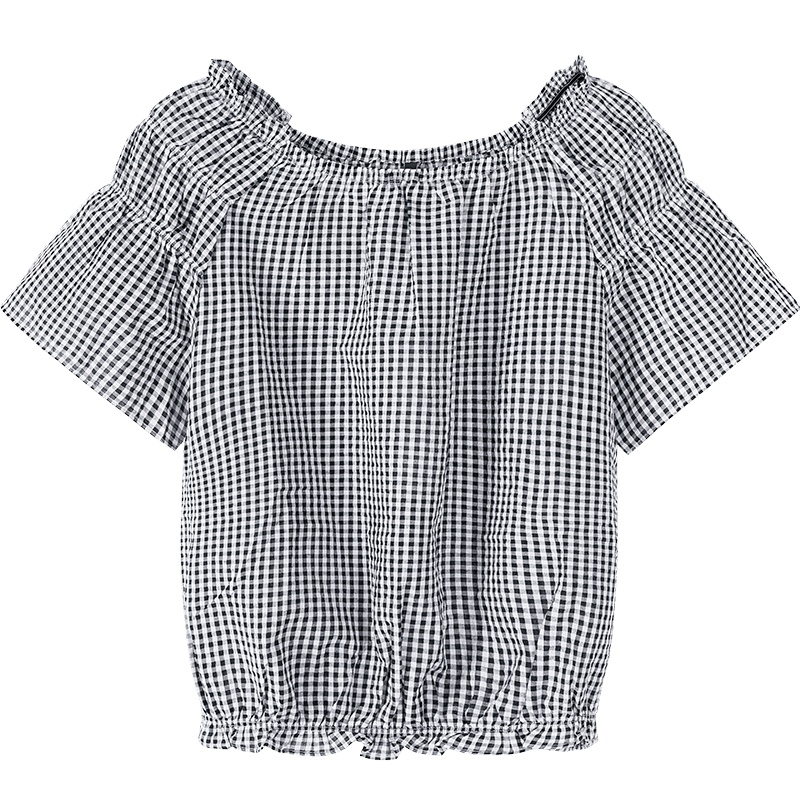 森马短袖衬衣女夏季新款复古格纹甜美一字领寸衫少女半袖条纹衫