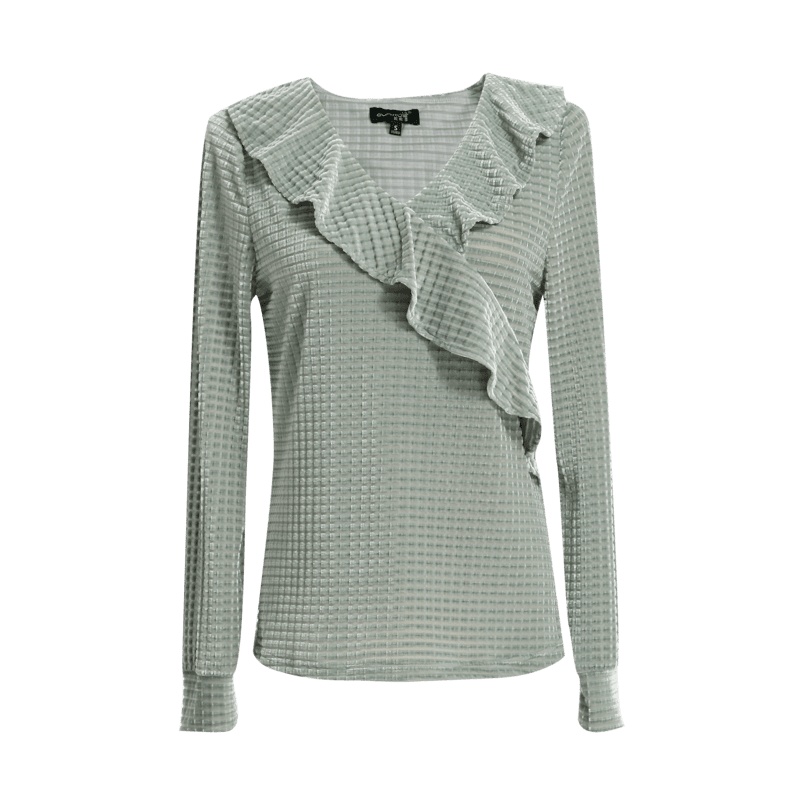 欧昵雪V领拼接荷叶边宽松丝绒衫女上衣长袖时尚小衫