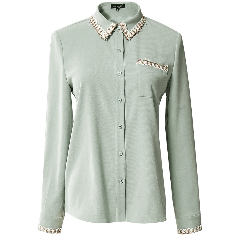 欧昵雪时尚通勤织带翻领长袖显瘦衬衫女气质洋气上衣