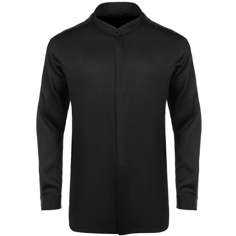 依文男士立领衬衫长袖 商务休闲黑色光滑面料 伴郎衬衣