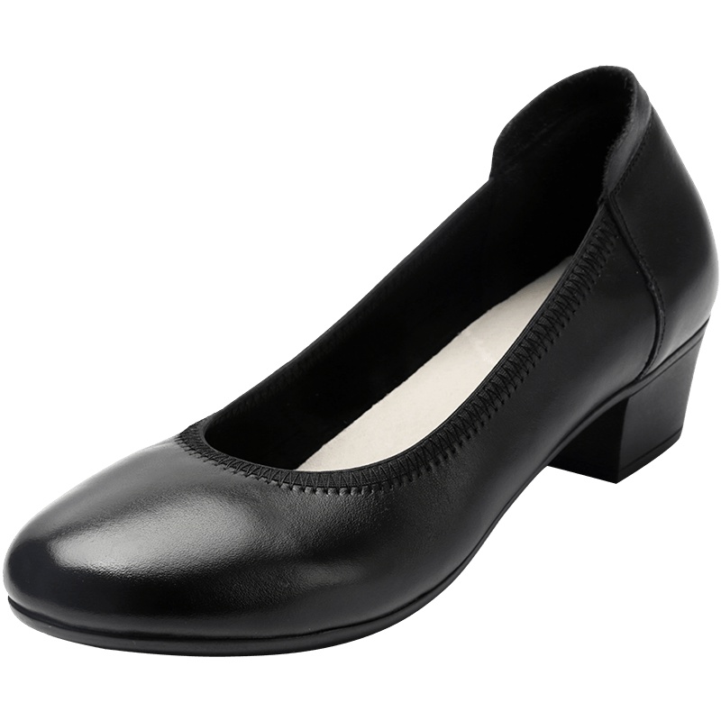 真皮工作鞋女黑色舒适软底防滑工鞋2019新款粗跟皮鞋42高跟鞋单鞋