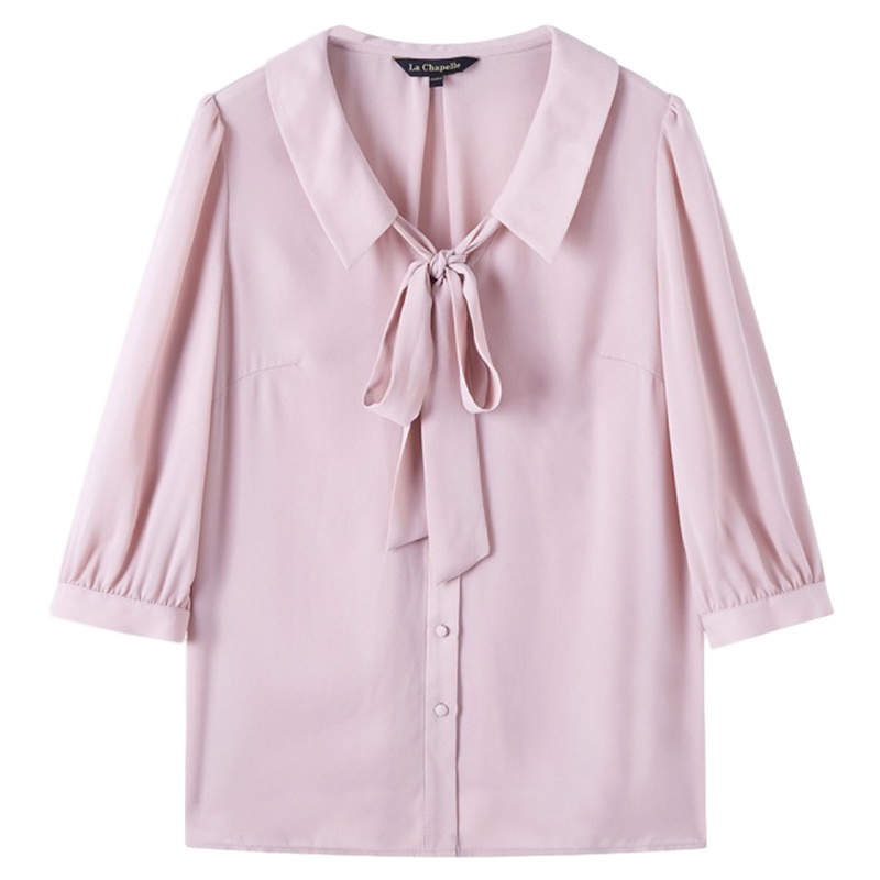 拉夏贝尔v领雪纺衬衫夏新款韩版女装百搭纯色休闲七分袖上衣