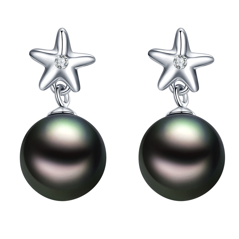 brir 白色传情正圆8-9mm星星大溪地黑珍珠耳饰耳钉耳环女18K金钻石正品女