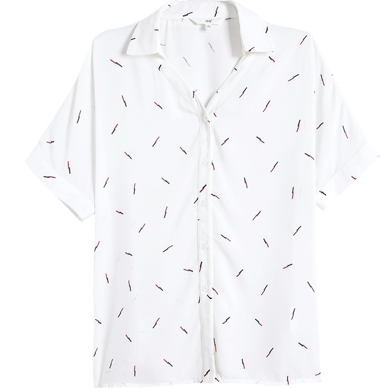 欧莎2019夏装新款韩版设计感小众衬衣白色碎花V领雪纺衬衫女