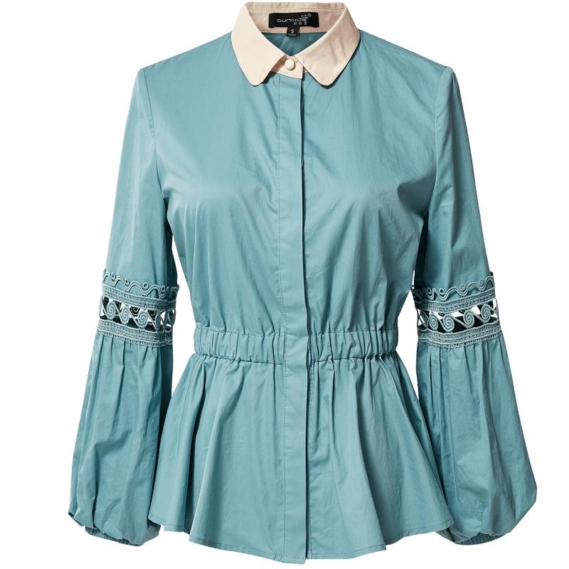 欧昵雪娃娃领拼接花边灯笼袖收腰荷叶边衬衫女显瘦上衣