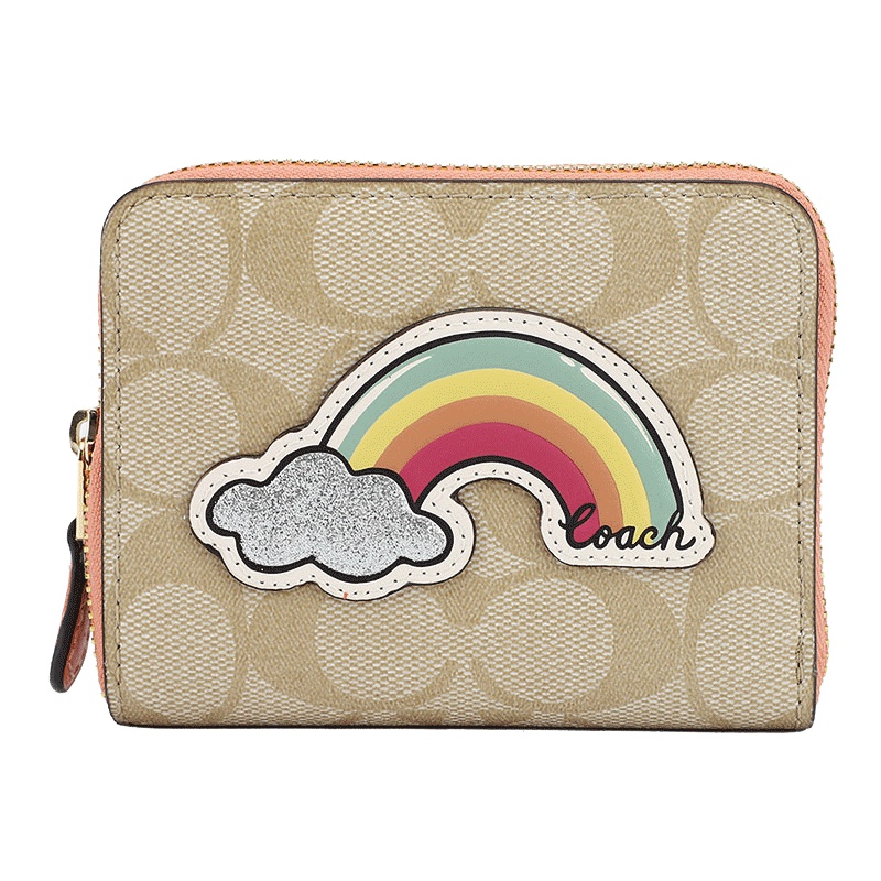 COACH 蔻驰 奢侈品 女士浅卡其色彩虹款人造革短款钱包钱夹